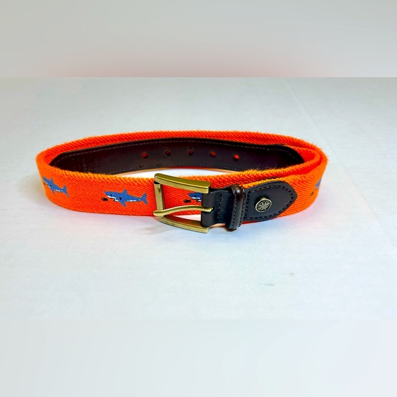 NAUTICA Sz 26 Orange Canvas & Brown Leather Shark Toddler Boy's Golf Belt 31in - Picture 1 of 10